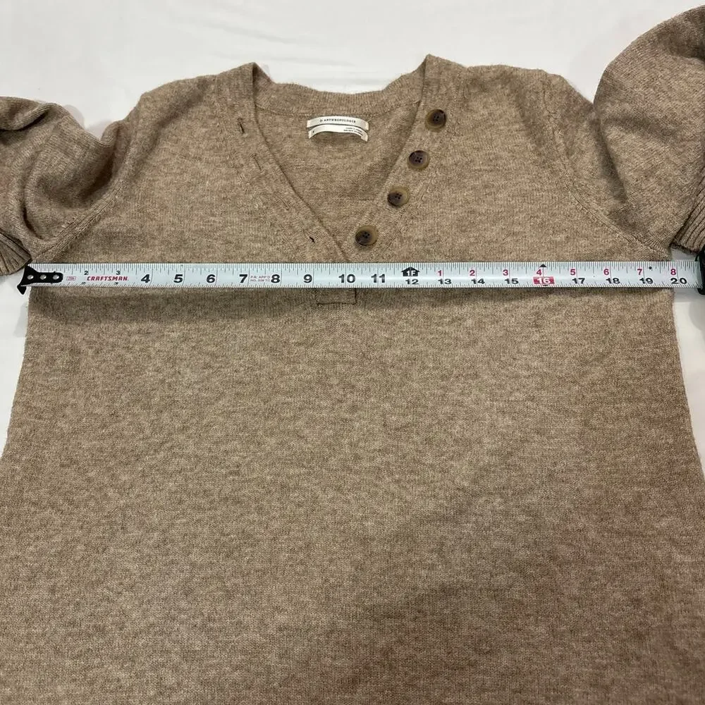 Anthropologie Women’s Small Serena V-neck Pullover Sweater Tan Knit Button Cozy